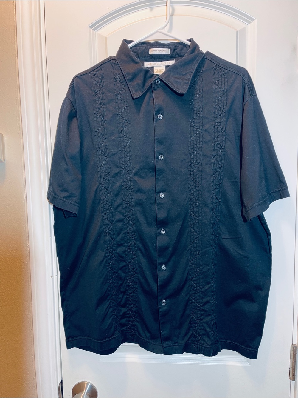 Perry Ellis Black Short-Sleeve Button-Down Shirt with Embroidered Front Panels